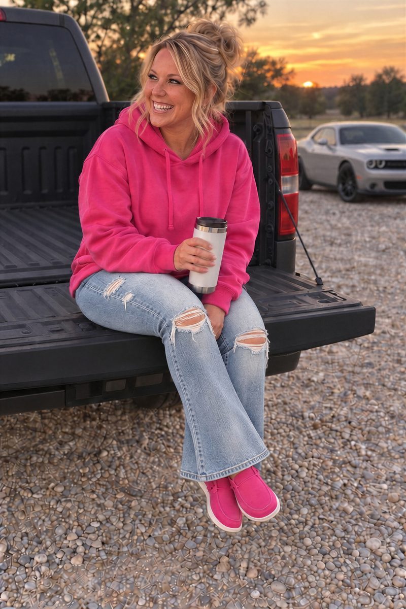 Lindsay Jacobson sitting on a truck tailgate at sunset in a pink hoodie